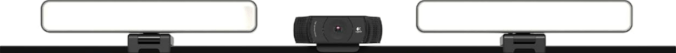 HumanCentric video conference lights flanking a Logitech Brio 4K webcam mounted on top of a monitor